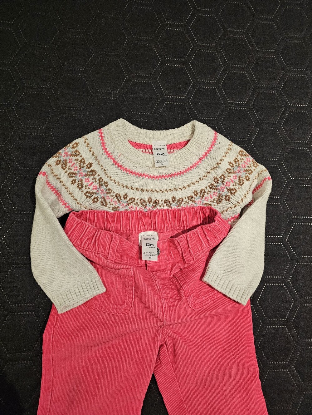 Carter's Cream Fair Isle Sweater with Pink Corduroy Pants 12M